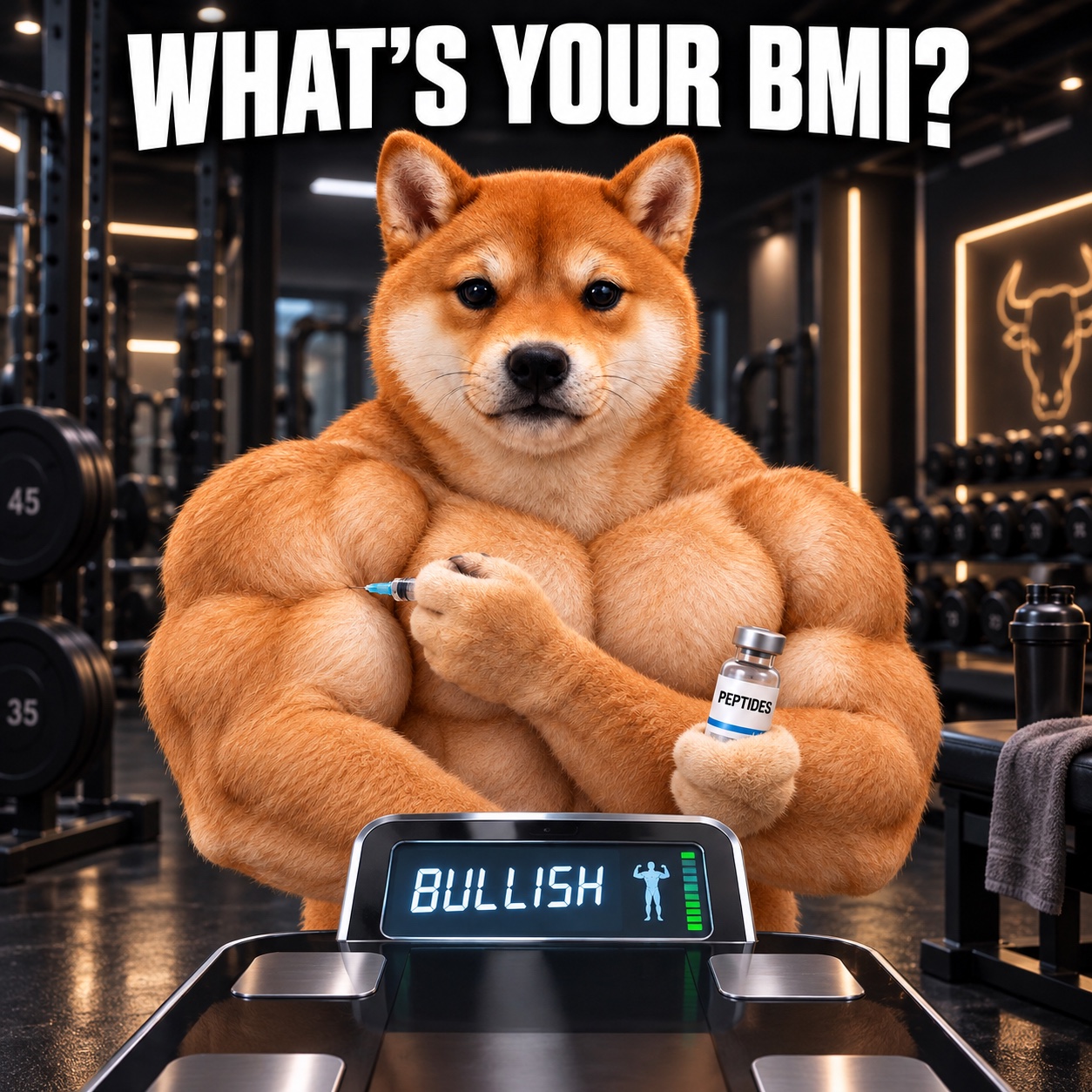 The muscular BMI Shiba with a peptide vial, standing at a scale that reads BULLISH
